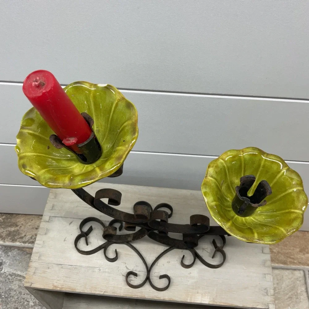Vintage Wrought Iron Scroll Candelabra Chartreuse Green Ceramic Flower Basins